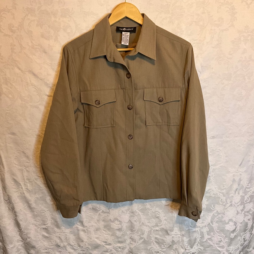 Sag Harbor Women Khaki Button Front Lined Western Utility Shirt Jacket Size 14